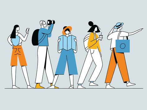 Tour Guide Illustration, Line Illustration People, Persona Illustration, Tourist Illustration, Explorer Illustration, Timo Kuilder, Walk Illustration, Explore Illustration, Walking Illustration