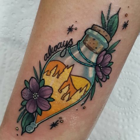 Liquid Luck Tattoo, Liquid Luck Harry Potter, Felix Felicis Tattoo, Liquid Luck, Luck Tattoo, Felix Felicis, Fusion Ink, Harry Potter Tattoos, Harry Potter Tattoo