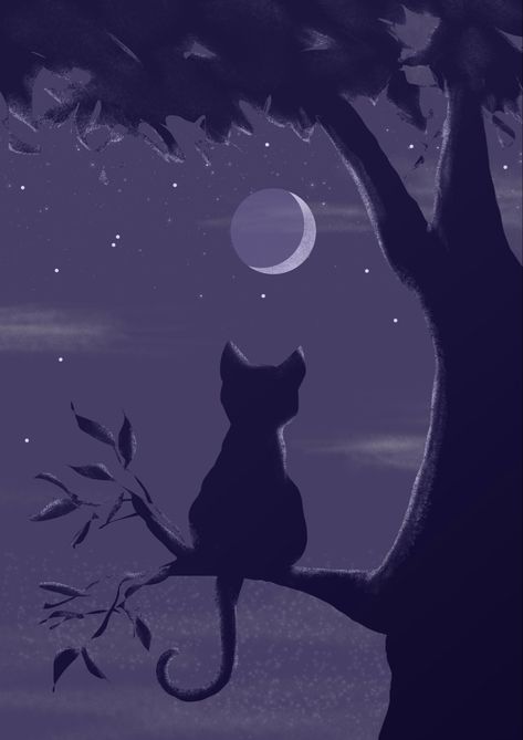 Cat sitting in a tree looking at the moon Black Cat Sleeping Drawing, Cat On The Moon Drawing, Cat Shadow Drawing, Black Cat Drawing Aesthetic, Cat And Moon Wallpaper, Purple Cat Drawing, Moon Aesthetic Drawing, Moon Cat Wallpaper, Cute Cat Wallpaper Cartoon