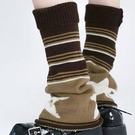 Star Striped Leg Warmers - Brown Leg Warmers With Converse, Leg Warmers Brown, Dream Dresser, Converse Y2k, Y2k Socks, Brown Leg Warmers, Socks Y2k, Striped Leg Warmers, Coquette Red