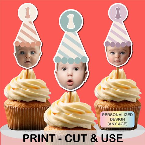 Custom Age Party Hat Cupcake Toppers, Baby First Birthday Party, Baby Birthday Cake Topper, Photo cupcake topper, Baby Face toppers Baby Birthday Cake, Baby Cupcake, Baby Birthday Cakes, Birthday Hat, First Birthday Party, Baby First Birthday, Cupcake Topper, Party Hat, Birthday Cake Toppers