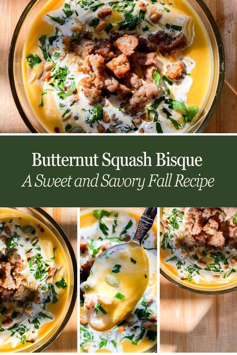 Butternut squash bisque is the epitome of fall dinners! This Sweet and Savory Butternut Squash Bisque is a creamy soup with the rich fall flavors of sweet squash, roasted onion and garlic, hints of warm autumn spices, and hearty Italian sausage. Creamy Butternut Squash And Sausage Soup, Honey Nut Squash Recipe Soup, Butternut Sausage Soup, Italian Sausage Butternut Squash Soup, Butternut Squash And Sausage Soup, Butternut Squash Soup With Sausage, Butternut Squash And Sausage Recipes, Butternut Squash Bisque Soup, Butternut Squash Sausage Soup