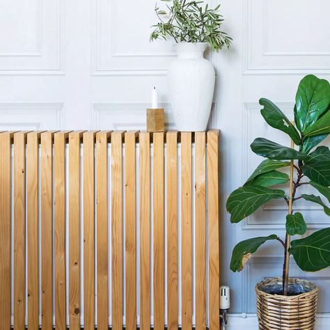 Slat Radiator Cover Diy, Cane Radiator Cover Diy, Wood Slat Radiator Cover, Scandi Radiator Cover, Hallway Ideas Radiator Cover, Self Adhesive Wall Panels, Radiator Cover Bedroom, Modern Radiator Cover Ideas, Wooden Radiator Cover