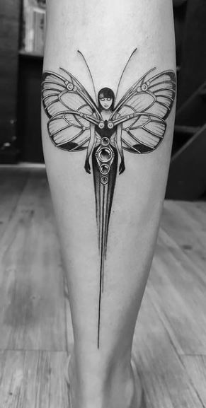 Symmetrical Fairy Tattoo, Creative Feminine Tattoos, Trippy Fairy Tattoo, Dark Fairies Tattoo, Fairy Witch Tattoo, Druid Tattoo Ideas, Elves Tattoo, Evil Fairy Tattoo, Dark Fairy Tattoo Designs