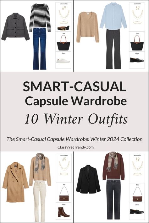 Do you wear elevated-casual styles to work and need a wardrobe refresh? Do you enjoy looking chic and polished? You will love The Smart Casual Capsule Wardrobe: Winter 2024 Collection!  This capsule wardrobe is created 10 Day Capsule Wardrobe Winter, Work Clothes Capsule Wardrobe, Business Casual Capsule Wardrobe 2024, Casual Winter Outfits 2024, Work Capsule Wardrobe Business Casual, Smart Casual Winter Outfits Women, Winter Capsule Wardrobe 2024, Capsule Wardrobe 2024 Fall/winter, Casual Winter Capsule Wardrobe