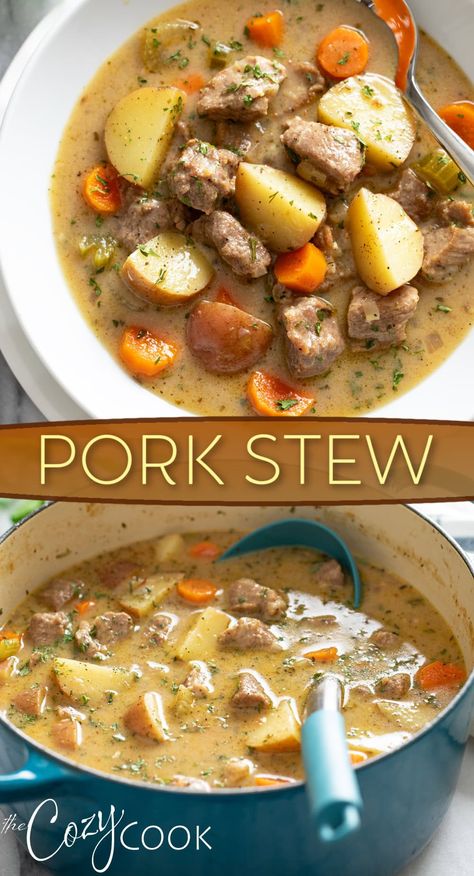 This delicious pork stew is easy to make on the stove top or the slow cooker! It's loaded with tender pork and savory vegetables in a super flavorful broth. Pork Stew Crockpot, Diced Pork Recipes, Pork Stew Meat Recipes, Pork Stew Meat, Pork Soup Recipes, Slow Beef Stew, Recipes Using Pork, Pork Stew Recipes, Slow Cooker Pork Roast