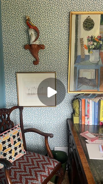 Farrow & Ball on Instagram: "Patrick’s been decorating!  His formerly #MinsterGreen painted office now features one of our favourite wallpapers, #RenaissanceLeaves, alongside #StoneBlue painted woodwork.  This beautiful paper has been reimagined and brought back from the archive, along with three other patterns. All inspired by nature, these papers bring a little bit of the outside in.  Discover them at the link in our bio and let us know what you think of @paddy_od_1’s new office.  #FarrowandBall" Farrow And Ball Helleborus Wallpaper, Painted Office, Farrow And Ball Wallpaper, Painted Woodwork, Farrow Ball Wallpaper, Farrow & Ball Wallpaper, Farrow And Ball, New Office, Beautiful Paper