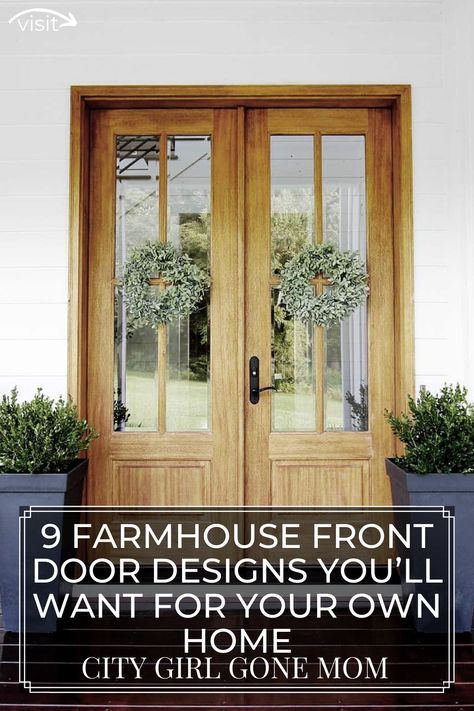 Click here to see these farmhouse front door designs on City Girl Gone Mom! There are many things that can make a house a home! If you're looking for farmhouse front door ideas, then this is the blog post for you! Get inspired by the different farmhouse front door colors this blog post has to offer. We love a stylish farmhouse front door entrance too. Check out the beautiful front door decor on these farmhouses as well. Double Front Entry Doors Farmhouse, Front Door Ideas Farmhouse, Farmhouse Doors Exterior Front Entrances, Farmhouse Front Door Colors, Modern Farmhouse Front Door Entrance, Farmhouse Front Door Ideas, Boundary Wall Ideas, French Country Front Door, Country Front Door