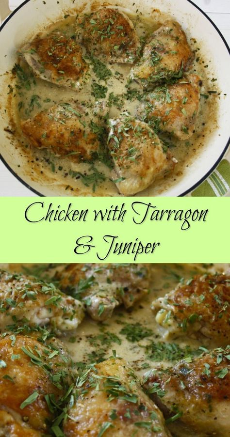 Chicken Thighs with Juniper Berries.  Juicy chicken thighs simmered with tarragon,stock, wine, juniper and creme fraiche for an easy one pot dinner. Stove Top Chicken Thighs, Chicken Tarragon, Pan Seared Chicken Thighs, Tarragon Sauce, Stove Top Chicken, Whole30 Chicken, Spring Food, Cooked Chicken Recipes, Easy Chicken Thigh Recipes