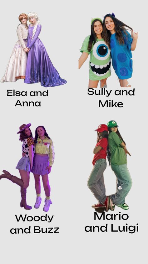 Duo Halloween costumes #halloween #dou #costumes #frozen #frozen2 #else #anna #disney #sully #mike #monstersinc #woody #buzz #toystory #toystory2 #mario #luigi #supermariobros #supersmashbros Bestie Costumes Halloween Duo Disney, Cute Halloween Costume Dou, Halloween Ideas Costumes Dou, Cute Duos For Halloween, Short And Tall Costume Ideas, Disney Costumes For Best Friends, Fun Sister Halloween Costumes, Pixar Movie Costumes, Character Duo Halloween Costumes