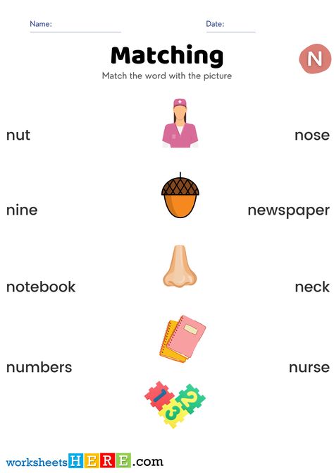 Match Alphabet Letter Start with N Pictures and Names PDF Worksheets For Kindergarten - WorksheetsHere.com T Worksheet, Kindergarten Tables, Alphabet N, Words List, Worksheets For Kindergarten, Nature Necklace, Nails For Kids, Letter N, Word List