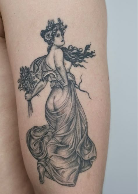 Ceres Tattoo, Tattoo Stomach Woman, Grecian Tattoo, Calypso Tattoo, Demeter Tattoo, Victorian Woman Tattoo, Mucha Tattoo, Hades And Persephone Tattoo, Lady Tattoo