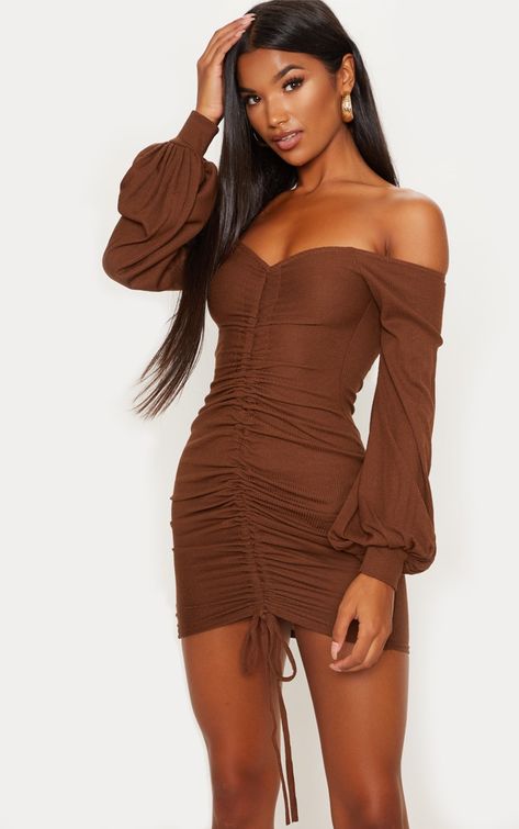 Brown Corset Dress, Brown Bodycon Dress, Brown Corset, Bodycon Dress Formal, Mule Heels, Bardot Neckline, Ruched Bodycon Dress, Mothers Dresses, Brown Fabric