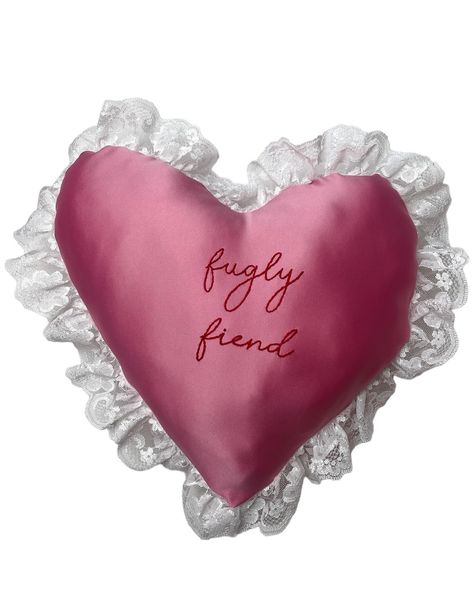 Handmade pink satin ‘Fugly Fiend’ heart pillow with hand-embroidered detailing and lace trim made with second hand materials and more on the website now! Link in bio 🩷♥️ . . . . . . . . #handmadepillow #handmade #embroidery #handembroidered #fugly #fiend #lacepillow #heartpillow #secondhandfashion #recycledfashion #creativereuse #handmadehomedecor #smallbusiness #shopsmall Pink Satin Fabric, Lace Pillow, Heart Pillow, Recycled Fashion, Embroidered Heart, Dream Room Inspiration, Handmade Embroidery, Handmade Pillows, Handmade Home Decor