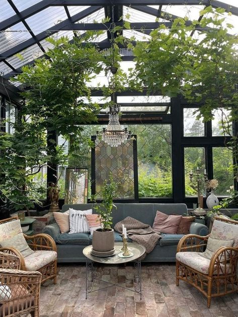 Conservatory Garden Room, Small Solarium, Small Atrium Ideas, Pergola Greenhouse, Small Conservatory Ideas, Solarium Ideas, Small Conservatory, Greenhouse Cafe, Greenhouse Interiors