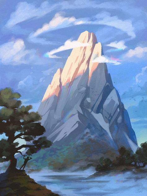 A solitary mountain with just a touch of morning light. Add some bright color to your room with this fun poster!  100% hand drawn and designed by me, printed on thick and durable matte paper. How To Draw Mountains Digital, Mountain Digital Painting, Alpenglow Painting, How To Paint Mountains, Mountain Concept Art, Mountain Lighting, Mountain Digital Art, Mountain Environment, Mountains Illustration