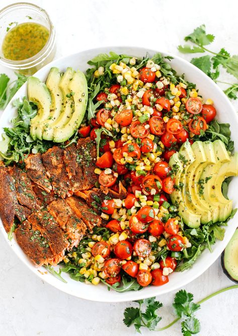 Chili-Rubbed Salmon with Summer Corn Salad Gut Balance, Corn Tomato Salad, Sliced Avocado, Lime Salmon, Cilantro Lime Dressing, Summer Corn Salad, Summer Corn, Salmon Salad, Lime Dressing