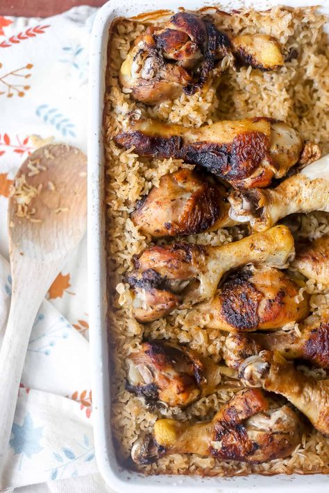 Baked Chicken Legs And Rice, Chicken Legs With Rice, Chicken Legs And Rice, Chicken Legs In Oven, Recipe For Baked Chicken, Oven Baked Chicken Legs, Rice In The Oven, White Rice Recipes, Baked Chicken Drumsticks