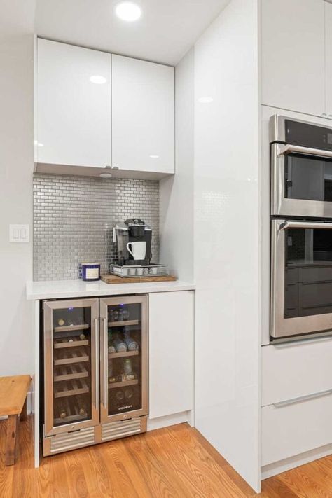 Gloss White Kitchen in Mid-Century Home Built with IKEA Products Bar Area Design, Gloss White Kitchen, Dining Room Built In, Removing A Wall, White Gloss Kitchen, Ikea Products, Ikea Kitchen Design, Minimalist Kitchen Design, White Minimal