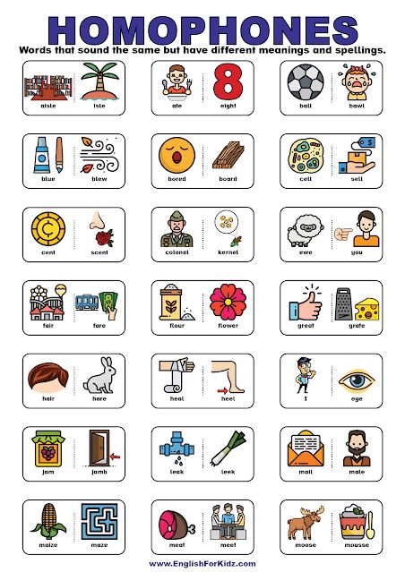 Homophones With Pictures, Homophone Flashcards, Homophones Poster, English Exhibition Ideas For School, Homophones Activities, Homonyms Activities, Homophones Activity, Puzzle English, Homophones Worksheets