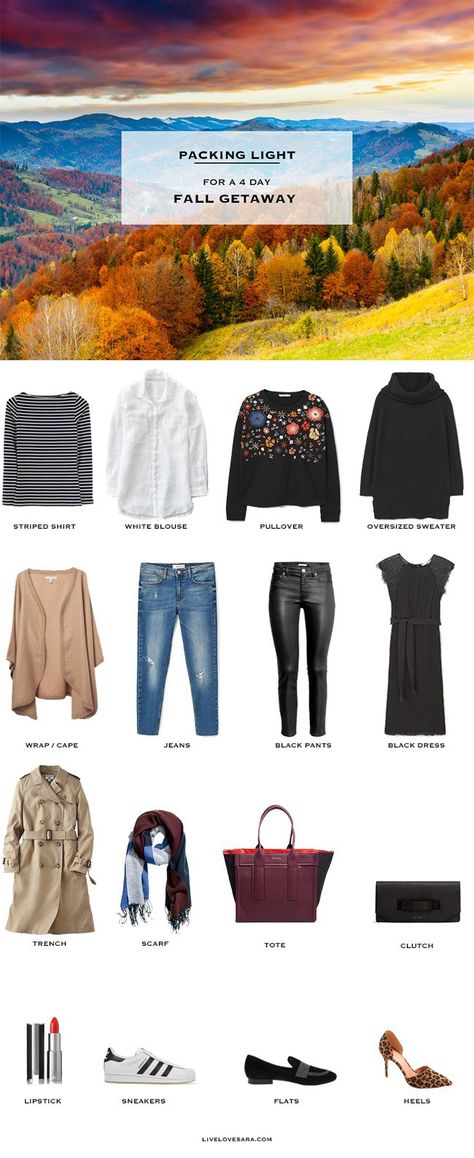 What to Pack for a 4 Day fall Getaway Packing Light List #travellight #packinglight #packinglist #travel #traveltips Packing Outfits, Fall Getaways, Packing Clothes, Outfit For Travel, Travel Capsule, Packing Lists, Travel Capsule Wardrobe, Travel Wear, Packing List For Travel