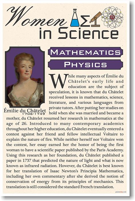 Amazon.com: Emile Du Chatelet - High School - NEW Famous Women Poster: Office Products Emilie Du Chatelet, Science Diy, Women In Science, Study Aesthetics, Math Quotes, Everyday English, Famous Scientist, Famous Person, Science Journal