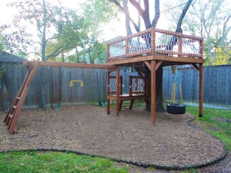 Tree House - Freestanding Timber Treehouse - Co. Louth Swingset Tree House, Tree Fort Around Tree, Deck Tree House, Playhouse Railing Ideas, Under Tree House Ideas, Tree Forts For Kids, Play Set Ideas, Diy Play Set, Simple Tree House