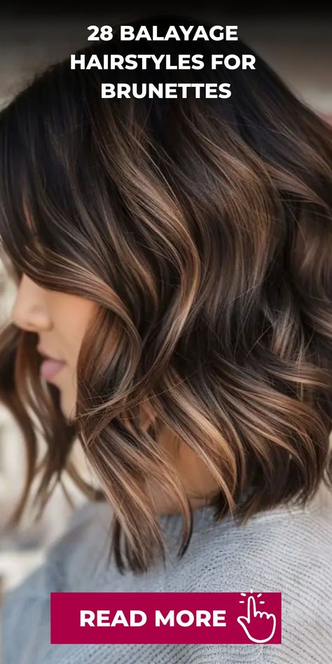 Transform your brunette hair with a chic balayage style that offers richness and texture. Opt for a luscious caramel balayage featuring hand-painted warm tones on your natural base for a sunlit, effortless finish. This harmonious blend will enhance your locks, highlighting their beauty and shine. Whether you flaunt long waves, medium curls, or short bobs, a balayage upgrade promises to elevate your allure with grace and poise. Fall Balyage Short Hair Brunettes, Caramel Highlights On Short Hair, Fall Baylage Hair Brunettes, Short Bayalage Brunette, Dark Caramel Balayage Brunettes, Fall Baylage Hair Brunettes Dark, Balayage Short Hair Brunette, Short Hair Balayage Brunette, Brunette Balayage Hair Short