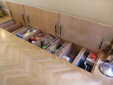 Hidden storage between the floor joists Tiny House Storage, Hidden Spaces, Secret Storage, Hidden Rooms, Secret Compartment, Secret Rooms, Tiny House Living, Tiny Living, Hidden Storage