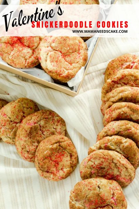 Classic snickerdoodle cookies with a Valentine's Day spin!  These cookies are rolled in a cinnamon-sugar mixture and red sanding sugar. #valentinesday #cookies #valentinescookies #cinnamon #vday #cookiegifts #ediblegifts #sprinkles #galentines Sanding Sugar, Snickerdoodle Cookies, Snickerdoodles, Fine Food, Cinnamon Sugar, Please Wait, Dessert Recipes Easy, Sanding, Pot Recipes