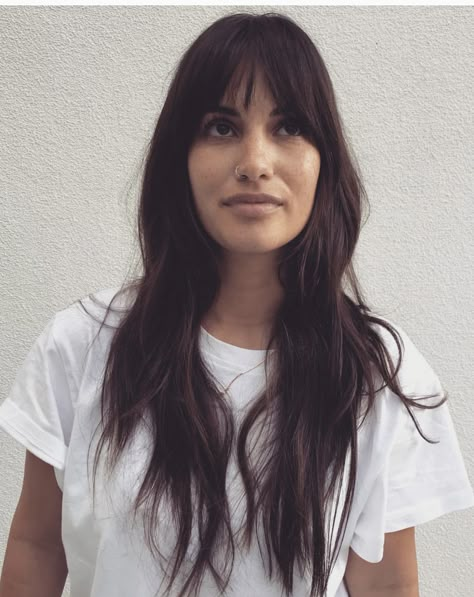 Rocky Barnes Bangs, French Fringe Long Hair, Franje Pony, Bottleneck Bangs Long Hair, Rocky Barnes Hair, Long Hair Fringe, Dark Hair Bangs, Long Fringe Hairstyles, Split Hair