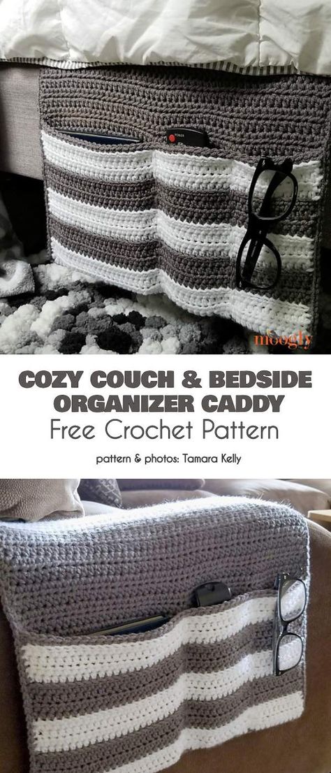 Cozy Couch Bedside Organizer Caddy Free Crochet Pattern #freecrochetpatterns #crochetcaddy #crochetorganizer Crochet Projects For Around The House, Crochet Caddy Free Pattern, Crochet Projects For Mom, Useful Crochet Projects, Household Crochet, Crochet Quotes, Bedside Organizer, Crochet Organizer, Purse Crochet