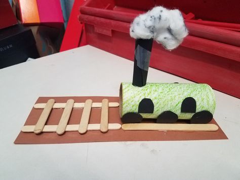 Toilet Paper Roll Train with Popsicle Stick Train Tracks Train Crafts Preschool Art Projects, Train Craft Kindergarten, Thomas The Train Craft, Train Art And Craft For Preschool, Preschool Train Crafts, Toilet Paper Roll Train, Train Craft For Preschool, Train Projects For Preschool, Train Activity Preschool