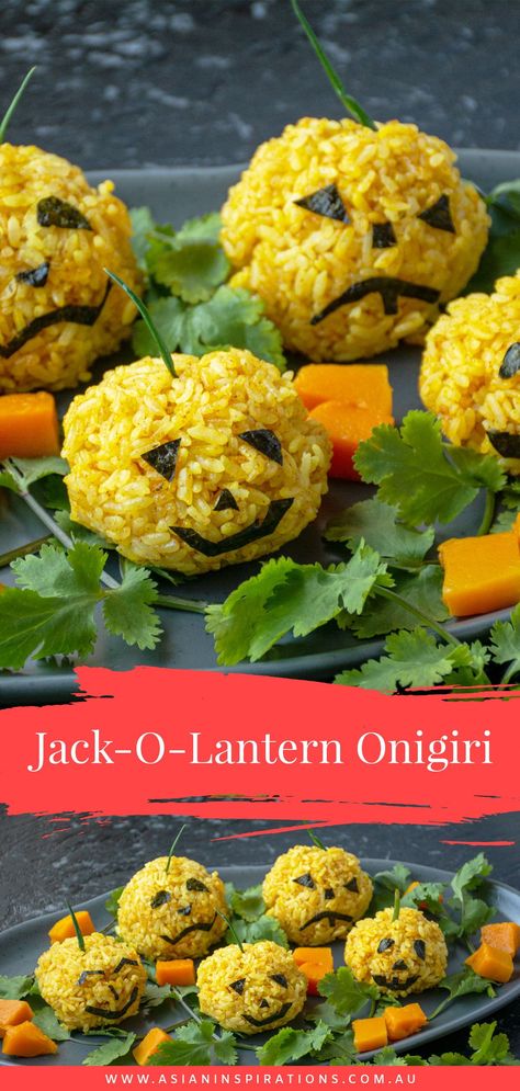 Spooky Jack-O-Lantern Onigiri rice balls filled with pumpkin perfect for a Halloween party. Get this recipe for Jack-O-Lantern Onigiri. Recipe by Asian Inspirations. Onigiri Recipe, Japanese Halloween, Onigiri Rice, Japanese Recipes, Asian Inspiration, Japanese Cooking, Rice Balls, Sushi Rice, Halloween Food