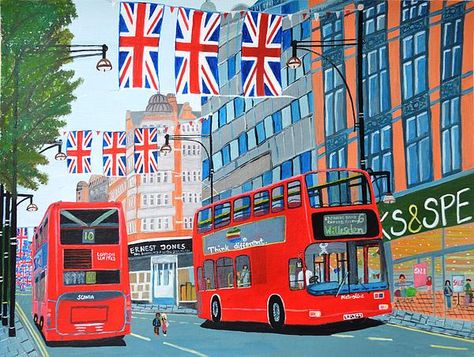 Oxford Street- Queen's Diamond Jubilee © Magdalena Frohnsdorff Bus Art, Quintessentially British, December 3rd, Oxford Street, Old Master, Children’s Books, Buses, Travel Art, Contemporary Artists