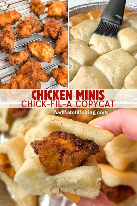 chick-fil-a chicken minis Copycat Chik Fil A Chicken Minis, Chick Fil A Fries Recipe, Chick Fil A Mini Biscuit Recipe, Chic Fil A Copycat Chicken Minis, Chick Fil A Breakfast Minis, Homemade Chicken Minis, Chick Fil A Chicken Minis Recipe, Chick Fil A Biscuit Recipe, Chicken Minis Chick Fil A