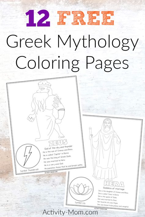 12 free printable greeek mythology coloring pages. Includes greek gods and goddesses plus facts about each one. Zeus Coloring Page, Greek Mythology Pictures, Greek Gods Coloring Pages, Greek Coloring Pages, Greek Mythology Coloring Pages, Greek Mythology Worksheets, Greek Myths For Kids, Mythology Coloring Pages, Greek Gods Art