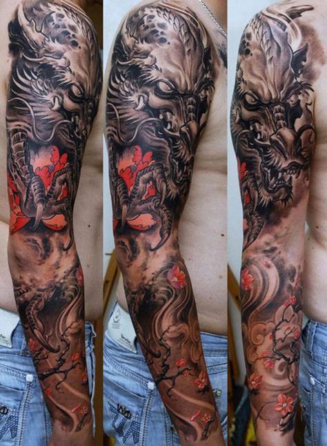 55+ Awesome Examples of Full Sleeve Tattoo Ideas | Cuded Asian Tattoo Sleeve, Full Arm Sleeve Tattoo, Mens Full Sleeve Tattoo, Half And Full Sleeve Tattoos, Covered In Tattoos, Hand Tatto, Dragon Sleeve, Tattoos Meaning, Japanese Dragon Tattoo