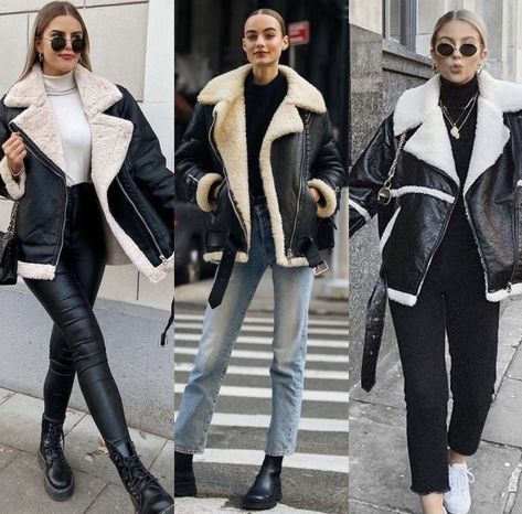 Mountain Chic Fashion Winter, Teddy Lined Leather Jacket Outfit, Black Leather Jacket With White Fur, Sherpa Lined Leather Jacket, Shearling Leather Jacket Outfit, Faux Shearling Jacket Outfit, Sherpa Leather Jacket Outfit, Black Shearling Jacket Outfit, Leather Sherpa Jacket Outfit