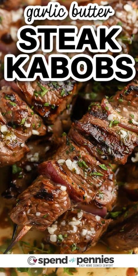 Garlic steak kabobs are a delicious combination of marinated steak and grilled onions, offering a flavorful and satisfying meal option for outdoor gatherings and barbecues. With tender meat infused with garlic goodness and the charred flavors from the grill, these kabobs are sure to please both taste buds and appetites. #garlicsteakkabobs #steakkabobs #grilled #spendwithpennies Beef Chunks Recipes Dinners, Steak Skewers Grilled, Beef Kabobs On The Grill, Beef Chunks Recipes, Beef Kabob Marinade, Grilled Steak Kabobs, Hawaiian Chicken Kabobs, Steak Skewers, Beef Loin