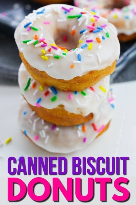 Learn how to make biscuit donuts using canned biscuit dough and a simple vanilla glaze! These delicious canned biscuit donuts are a family favorite that my kids absolutely LOVE! Super easy to make, and the kids love to decorate them with sprinkles! Fried Donut Recipe, Canned Biscuit Donuts, Using Canned Biscuits, Canned Biscuit, Biscuit Donuts, Easy Donut Recipe, Donut Flavors, Making Donuts, Easy Donuts