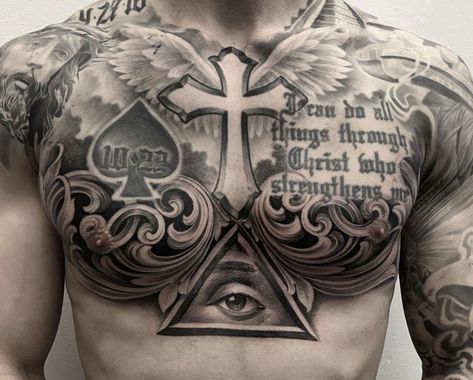 Chest Tattoo Design For Men Unique, Chest Tattoo Men Ideas Cross, Evil Chest Tattoo For Men, Good And Evil Chest Tattoo, Mens Center Chest Tattoo, Religious Chest Tattoo, Cross Chest Tattoo Men, Men’s Cross Chest Tattoos, Chest Tats Men