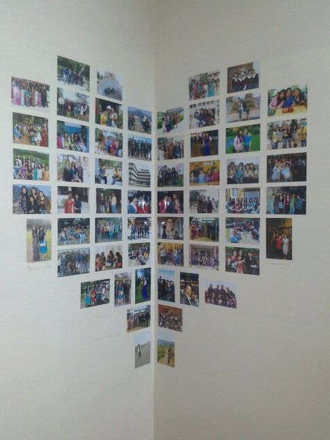 Diy Wall corners photo collage. Diy Photo Collage Wall, Heart Picture Collage, Heart Photo Walls, Photo Collage Diy, Wall Picture Frames, Crafts For The Home, Diy Crafts For The Home, Heart Photo Collage, Diy Wall Decor For Bedroom