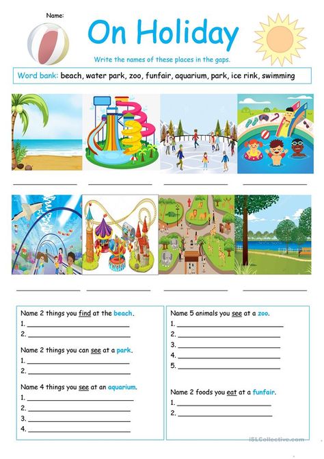 On Holiday Worksheet - English ESL Worksheets for distance learning and physical classrooms Place Worksheet, English Conversation For Kids, Homework Worksheets, Holiday Worksheets, Holiday Homework, Holiday Writing, Esl Activities, Christmas Worksheets, Listening Comprehension