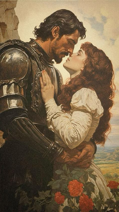 Art Inspiration Couple, Vintage Couples Art, Romantic Knight Art, Knight And Lady Painting, Knight And Fairy, Fantasy Lovers Art, Medieval Love Aesthetic, Romantic Period Paintings, Princess And Knight Art