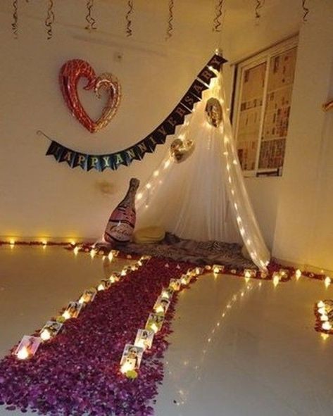 Diy Birthday Decorations For Husband, Simple Anniversary Decoration Ideas At Home, Canopy Decoration Ideas, Decoration Ideas For Anniversary, Deco Bilik, Husband Birthday Decorations, Anniversary Date Ideas, Birthday Surprise For Husband, Aesthetic Festival