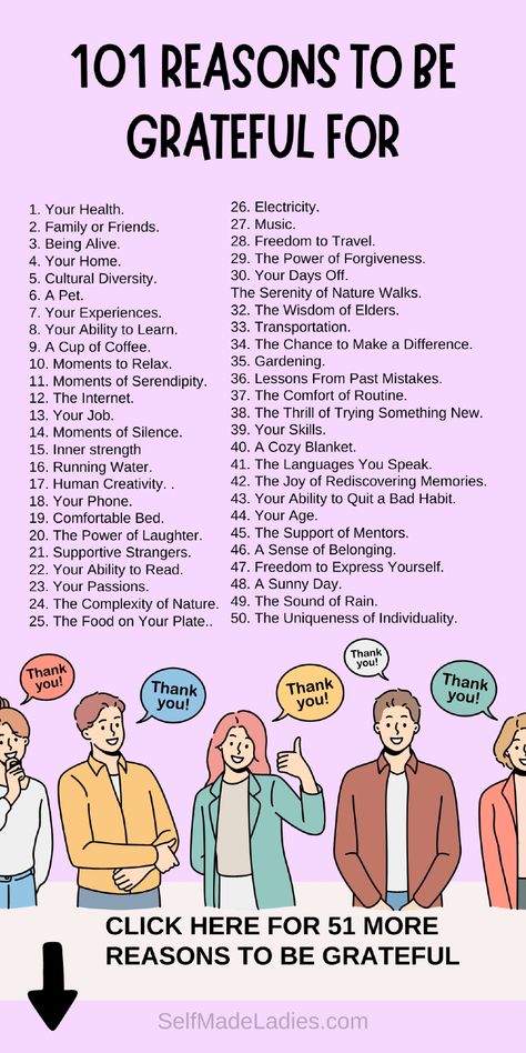 Infographic with title: 101 Reasons to Be Grateful For List Of Things To Manifest, Daily Gratitude Journal Ideas, Things To Be Grateful For List Of, Daily Gratitude Affirmations, Gratitude Journaling Ideas, Things To Be Grateful For, Gratitude Journal Ideas, Reasons To Be Grateful, Gratitude Ideas