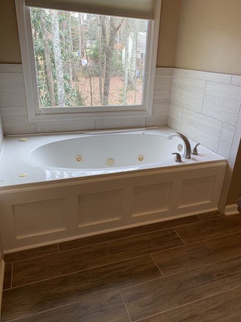 Beadboard Around Tub, Wood Paneling Around Tub, Jetted Tub Surround Ideas, Bathtub Wood Panel Cover, Undermount Tub Deck, Drop In Tub Wood Surround, Bathtub Surround Ideas, Bathtub Wood Panel, Tub Surround Ideas