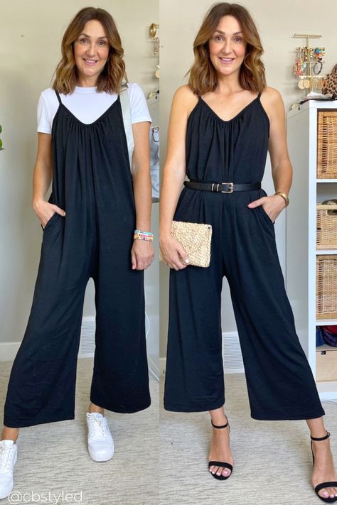 Jumpsuit Spring Outfit, Jumper Pants Outfit Ideas, Knit Jumpsuit Outfit, Summer Jumpers For Women, Cider Jumpsuit Outfit, Black Jumpsuit Outfit Work, Wide Leg Jumpsuit Outfit Casual, Wide Leg Jumper Outfit, Jumper Outfit Ideas Jumpsuits