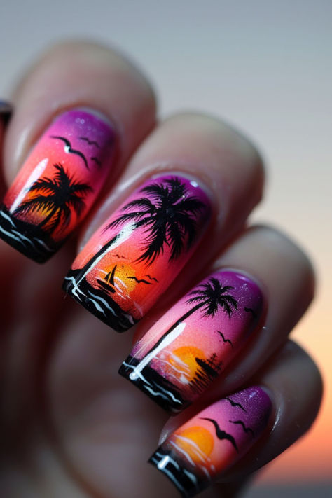 Miami Sunset Cruise Nail Design Sunset Nail Ideas, Purple Sunset Nails, Fall Beach Nails, Vacation Nail Colors, Sunset Nail Art, Vacation Nails Beach, Miami Sunset, Cruise Nails, Palm Tree Nails